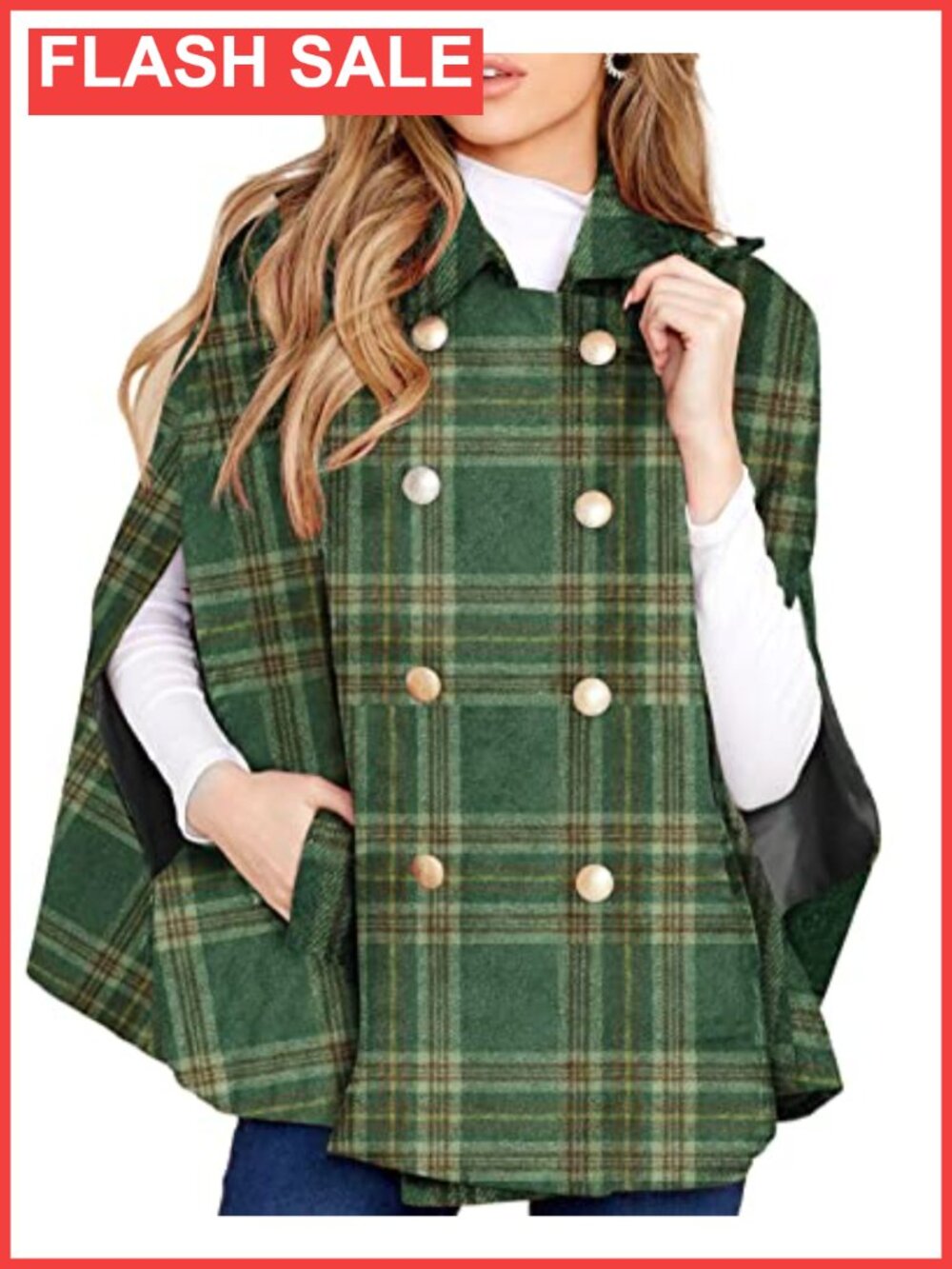 Womens Plaid Double Breasted Winter Cape Poncho Coat with Pockets